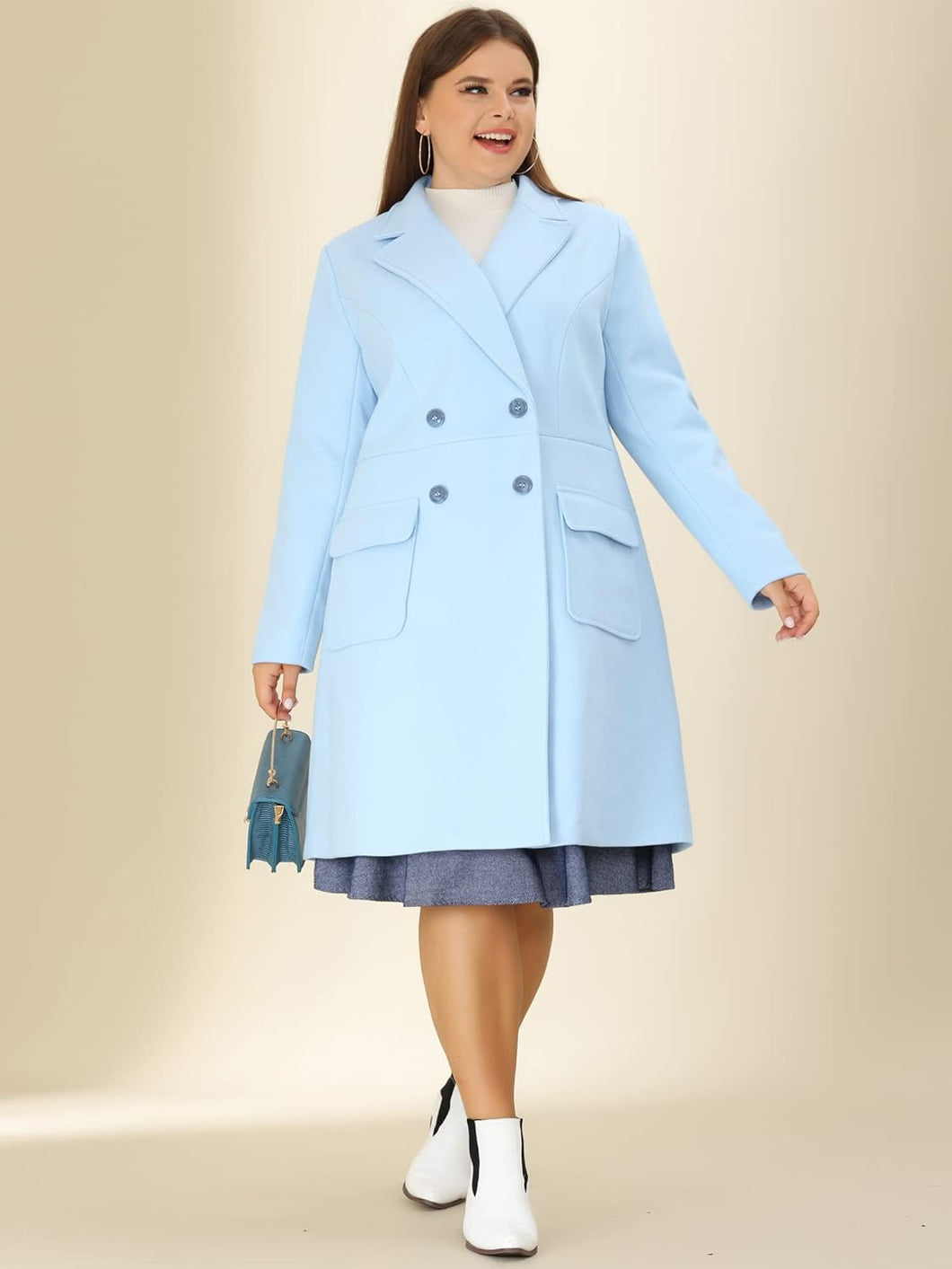 Plus Size Modern Light Blue Double Breasted Long Sleeve Trench Coat