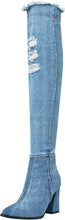 Load image into Gallery viewer, Light Blue Distressed Denim Over The Knee Boots