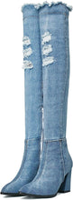 Load image into Gallery viewer, Light Blue Distressed Denim Over The Knee Boots