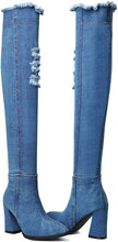 Load image into Gallery viewer, Dark Distressed Denim Over The Knee Boots