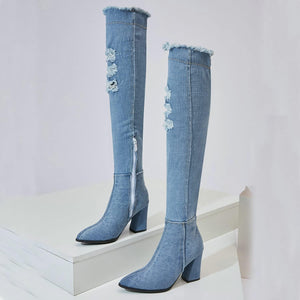 Light Blue Distressed Denim Over The Knee Boots