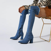 Load image into Gallery viewer, Dark Distressed Denim Over The Knee Boots