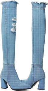 Light Blue Distressed Denim Over The Knee Boots