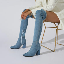 Load image into Gallery viewer, Light Blue Distressed Denim Over The Knee Boots