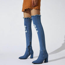 Load image into Gallery viewer, Dark Distressed Denim Over The Knee Boots