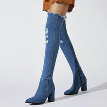 Load image into Gallery viewer, Dark Distressed Denim Over The Knee Boots