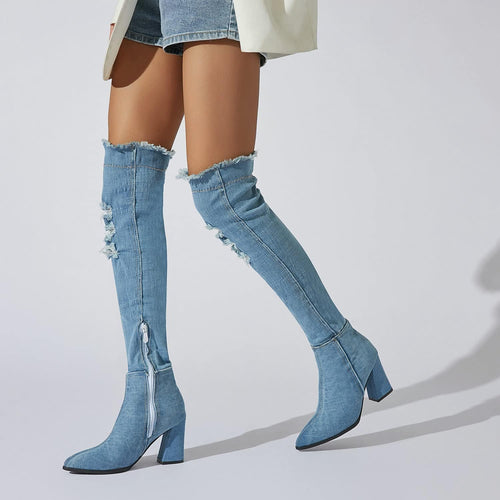 Light Blue Distressed Denim Over The Knee Boots