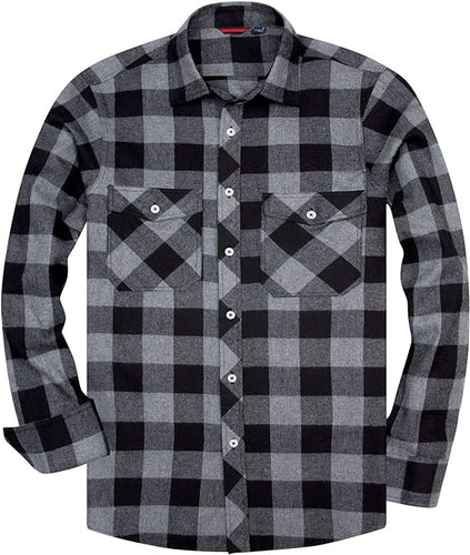 Men's Plaid Flannel Grey/Black Long Sleeve Button Down Casual Shirt