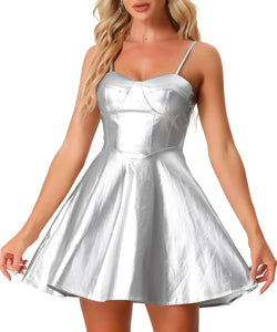 Platinum Silver Faux Leather Sweetheart Sleeveless Skater Mini Dress