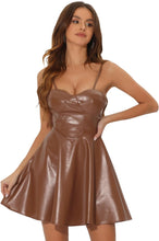 Load image into Gallery viewer, Mocha Brown Faux Leather Sweetheart Sleeveless Skater Mini Dress