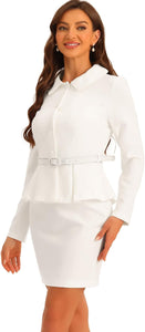 Women's Business White Long Sleeve Peplum Blazer & Skirt Suit Set