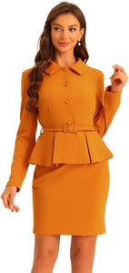Women's Business Orange Long Sleeve Peplum Blazer & Skirt Suit Set