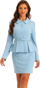 Women's Business Light Blue Long Sleeve Peplum Blazer & Skirt Suit Set