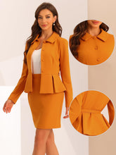 Load image into Gallery viewer, Women&#39;s Business Orange Long Sleeve Peplum Blazer &amp; Skirt Suit Set