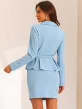 Load image into Gallery viewer, Women&#39;s Business Light Blue Long Sleeve Peplum Blazer &amp; Skirt Suit Set