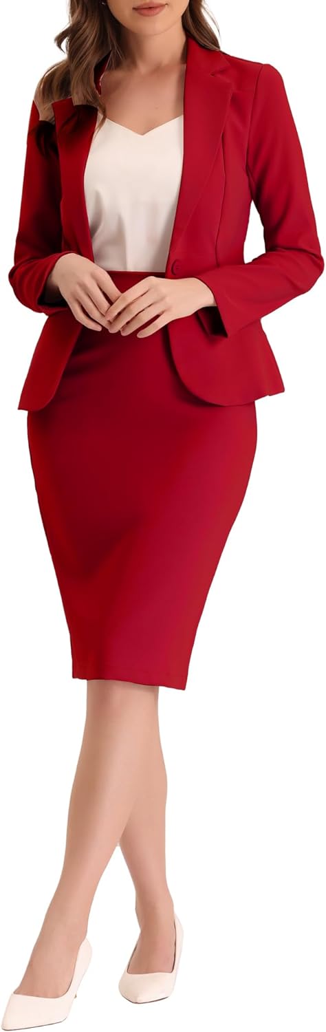 Women's Professional Red Long Sleeve Blazer & Skirt Suit Set