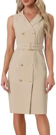 Margina Beige Belted Sleeveless Blazer Dress