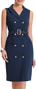 Margina Navy Blue Belted Sleeveless Blazer Dress