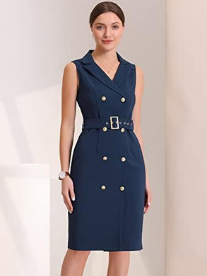 Margina Navy Blue Belted Sleeveless Blazer Dress