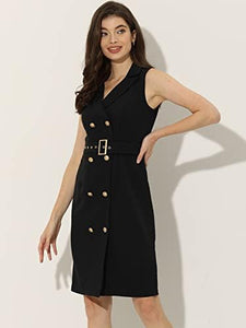 Margina Navy Blue Belted Sleeveless Blazer Dress