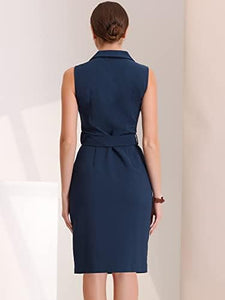 Margina Navy Blue Belted Sleeveless Blazer Dress