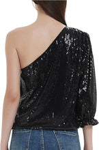 Load image into Gallery viewer, Black Sequin One Sleeve Sparkle Tops