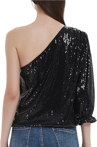 Black Sequin One Sleeve Sparkle Tops