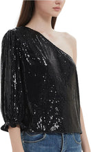 Load image into Gallery viewer, Black Sequin One Sleeve Sparkle Tops