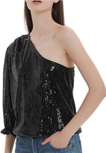 Load image into Gallery viewer, Black Sequin One Sleeve Sparkle Tops