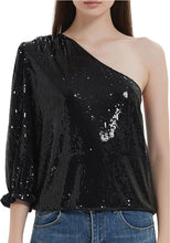 Load image into Gallery viewer, Black Sequin One Sleeve Sparkle Tops