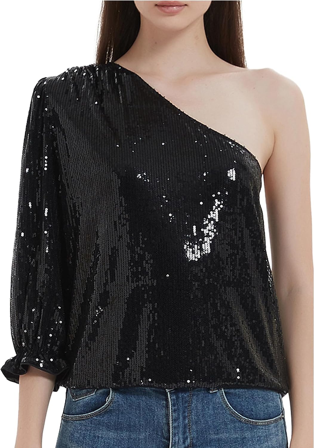 Black Sequin One Sleeve Sparkle Tops