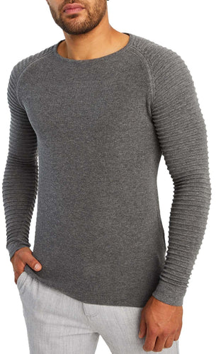 Men's Dark Grey Rippled Knit Long Sleeve Pullover Sweater