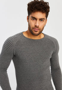 Men's Dark Grey Rippled Knit Long Sleeve Pullover Sweater
