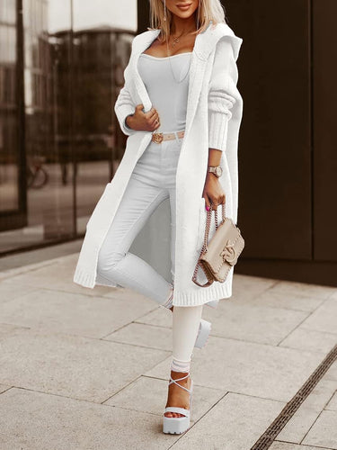 Winter White Knit Hooded Long Sleeve Cardigan