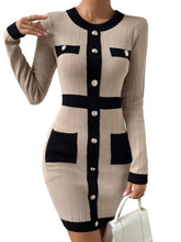 Load image into Gallery viewer, Beige &amp; Black Knit Long Sleeve Button Front Mini Dress