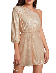 Gold One Shoulder Sequin Shorts Romper