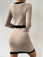 Load image into Gallery viewer, Beige &amp; Black Knit Long Sleeve Button Front Mini Dress