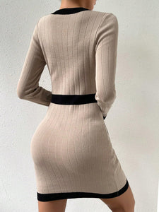 Beige & Black Knit Long Sleeve Button Front Mini Dress