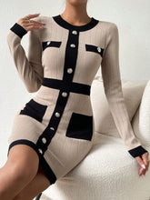 Load image into Gallery viewer, Beige &amp; Black Knit Long Sleeve Button Front Mini Dress