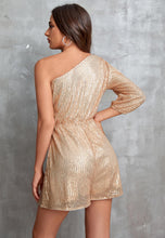 Load image into Gallery viewer, Gold One Shoulder Sequin Shorts Romper