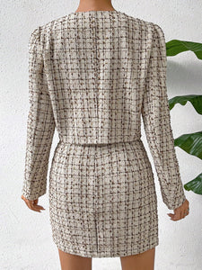 Apricot Plaid Designer Chic Tweed Blazer Jacket & Skirt Set