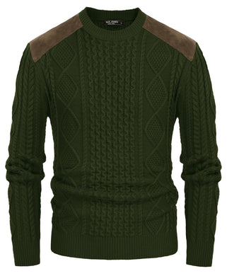 Army Green Men's Suede Patchwork Cable Knit Sweater