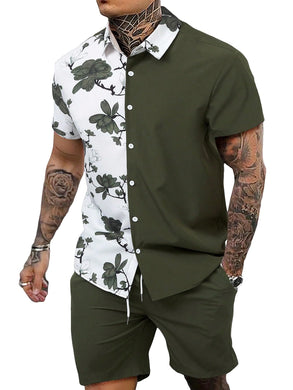 Army Green Men's Color Block Floral Shorts Set