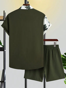 Army Green Men's Color Block Floral Shorts Set