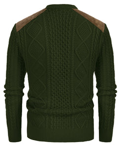 Army Green Men's Suede Patchwork Cable Knit Sweater