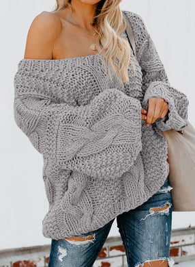 Chunky Loose Fitting Gray Ribbed Cable Pullover Sweater