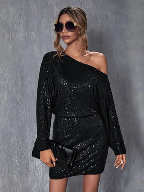 Sparkling Black Glitter Long Sleeve Off Shoulder Mini Dress