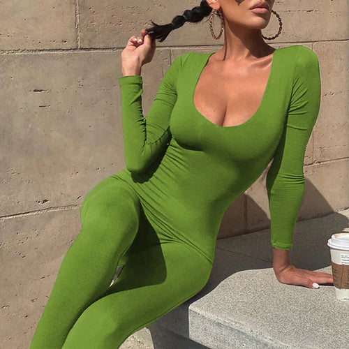 Lime Green Spandex Long Sleeve Bodycon Jumpsuit