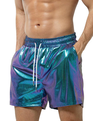 Blue and Purple Men's Metallic Drawstring Shorts