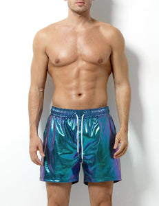 Blue and Purple Men's Metallic Drawstring Shorts